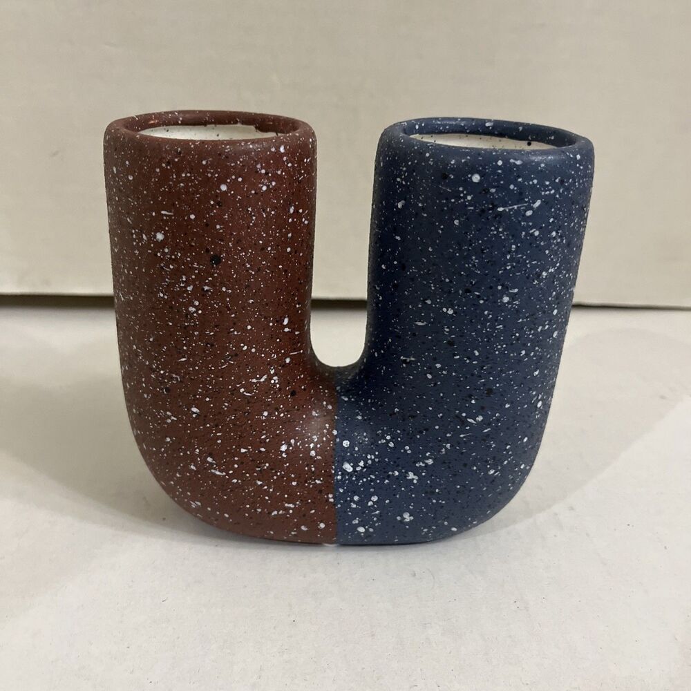 Johnathan Adler U Shaped Vase 5.5” Speckled Modern Ceramic Blue Brown Horse Shoe